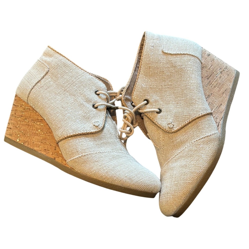 TOMS Desert Wedge‎ Booties Womens 7.5 Oatmeal Canvas Gold Fleck Cork Heel